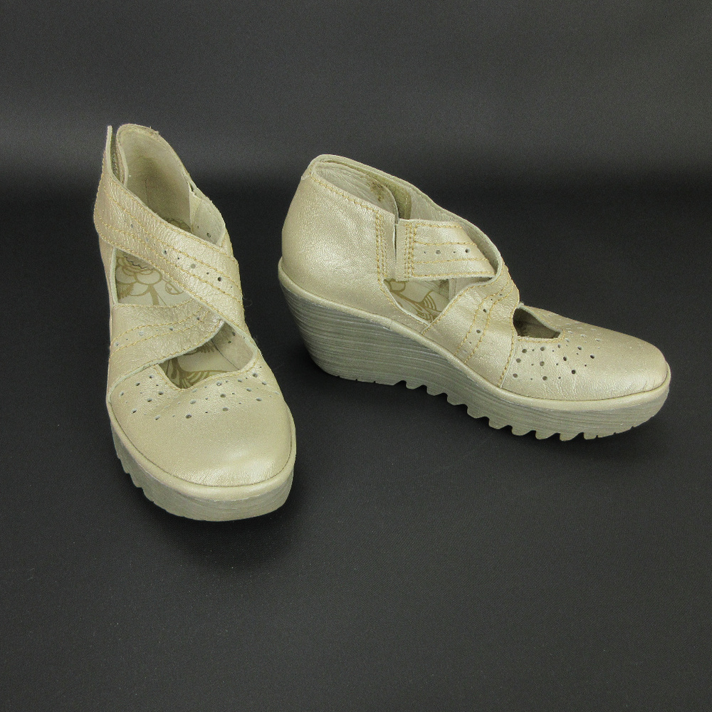 SOLD FLY London Yepe Wedge 37 Gold Mary Jane - Picture 1 of 8